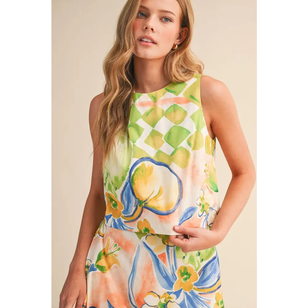 EXCLUSIVE FLORAL PRINT CROP TANK AND MIDI SKIRT SET MPST4719