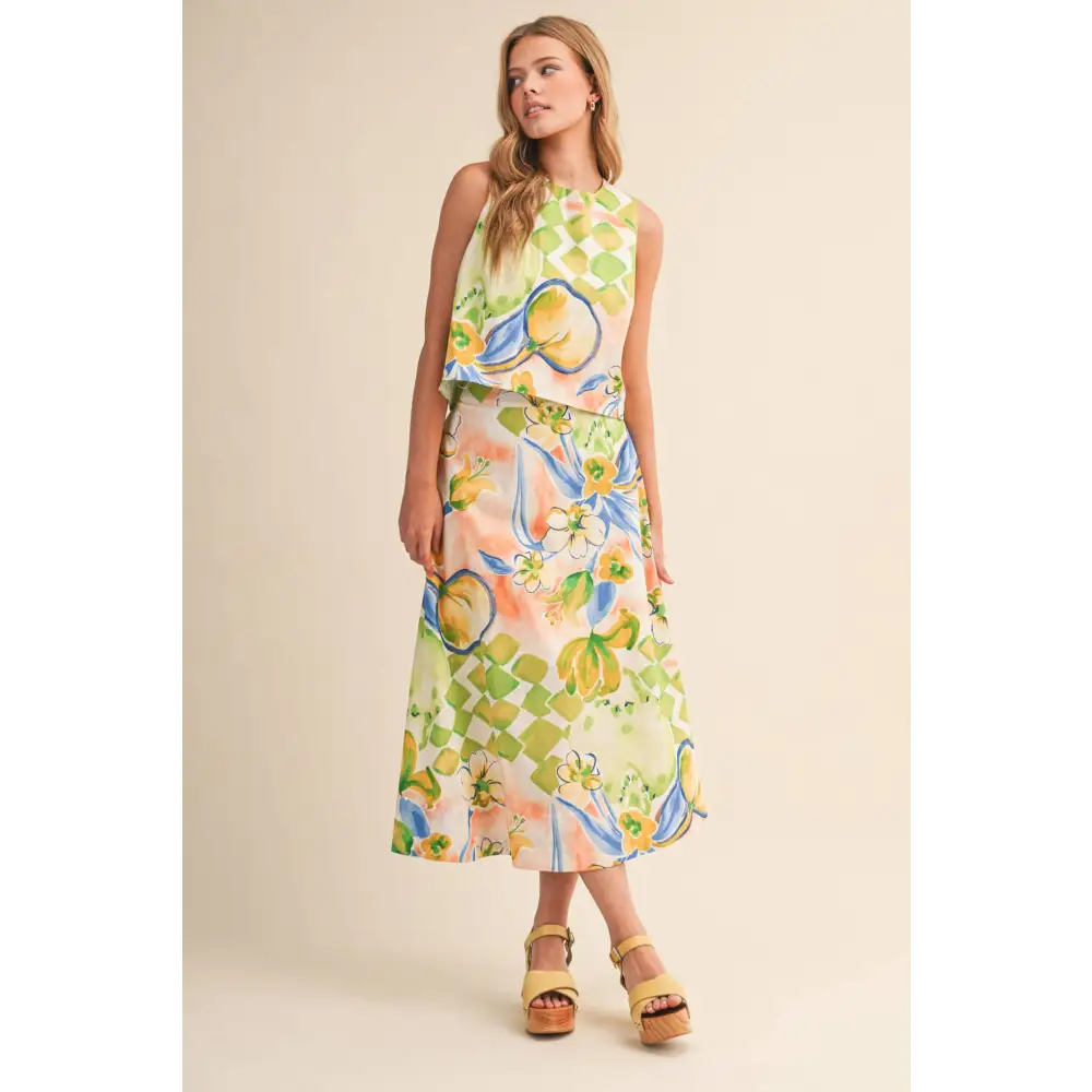 EXCLUSIVE FLORAL PRINT CROP TANK AND MIDI SKIRT SET MPST4719