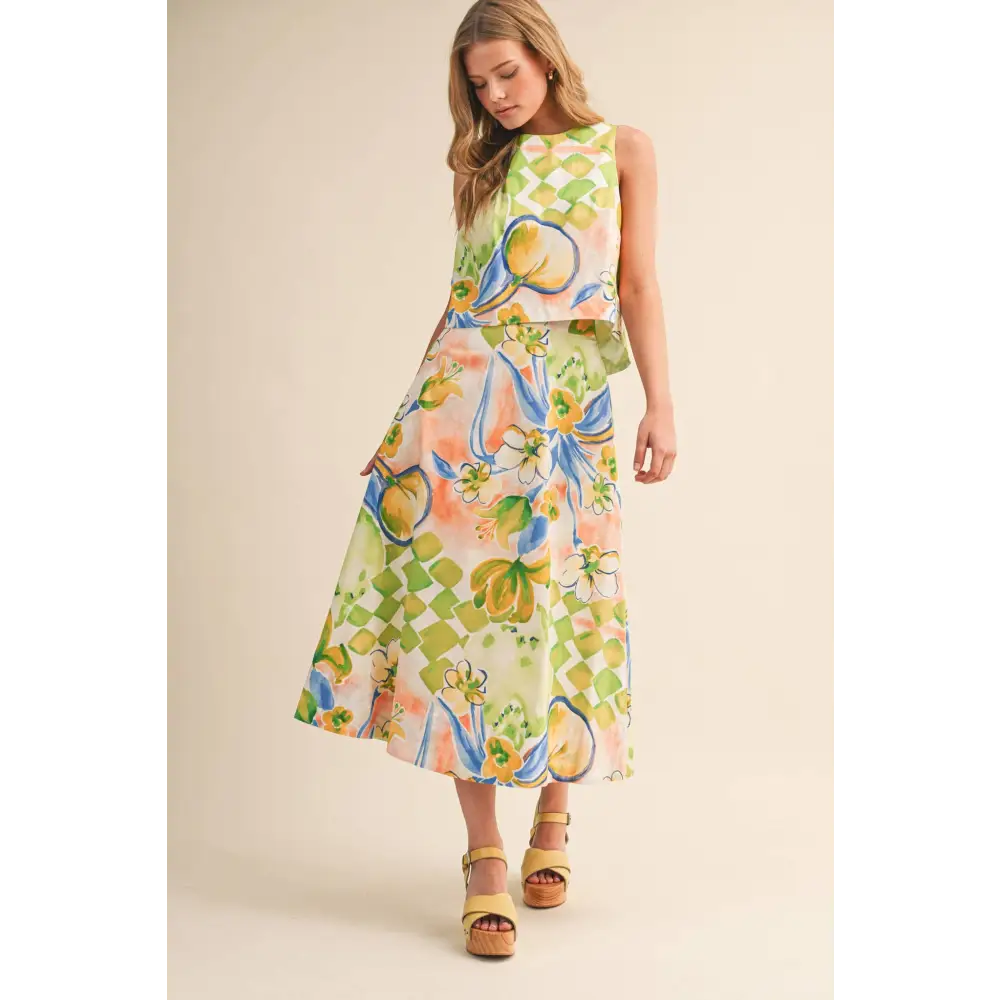 EXCLUSIVE FLORAL PRINT CROP TANK AND MIDI SKIRT SET MPST4719