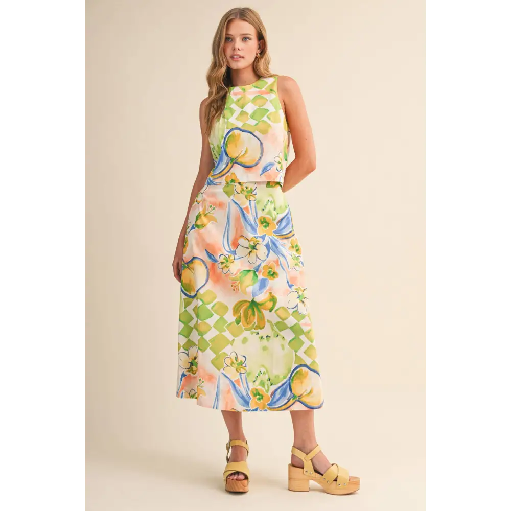 EXCLUSIVE FLORAL PRINT CROP TANK AND MIDI SKIRT SET MPST4719 - L / LIME GREEN PRINT