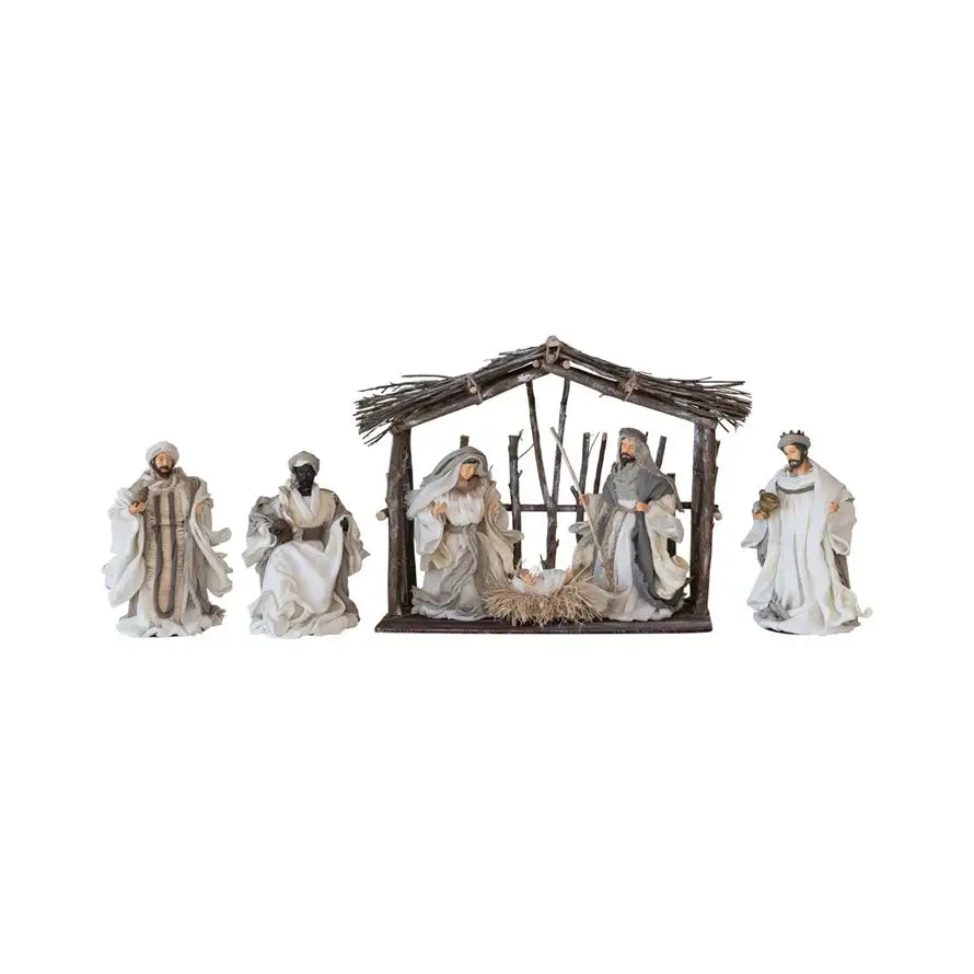 FABRIC AND RESIN NATIVITY WITH STABLE SET OF 7 - CHRISTMAS