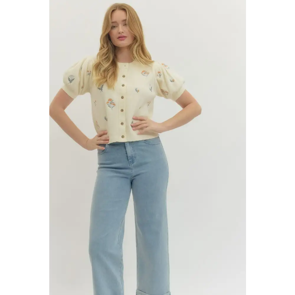 Floral Embroidered Knit Top - Sweater