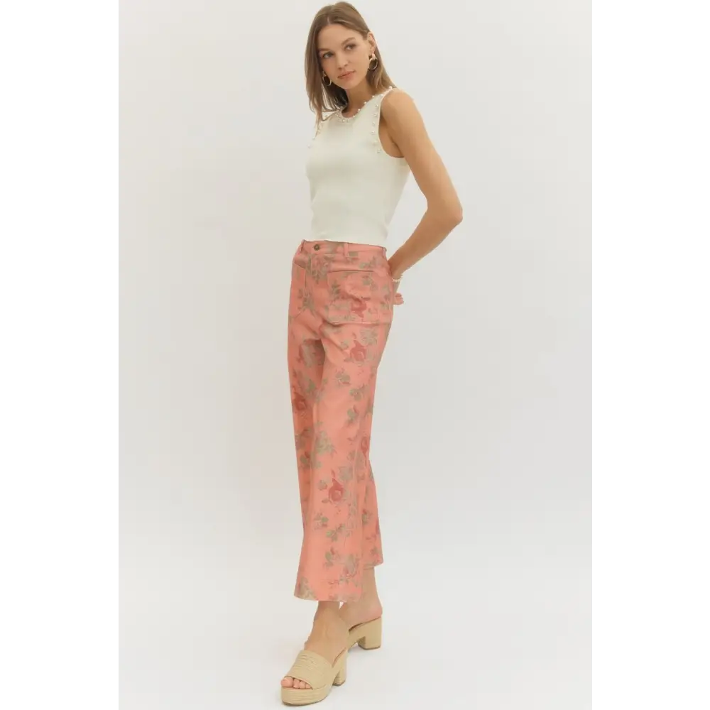 Floral Pattern Mid-Rise Pants - Pants