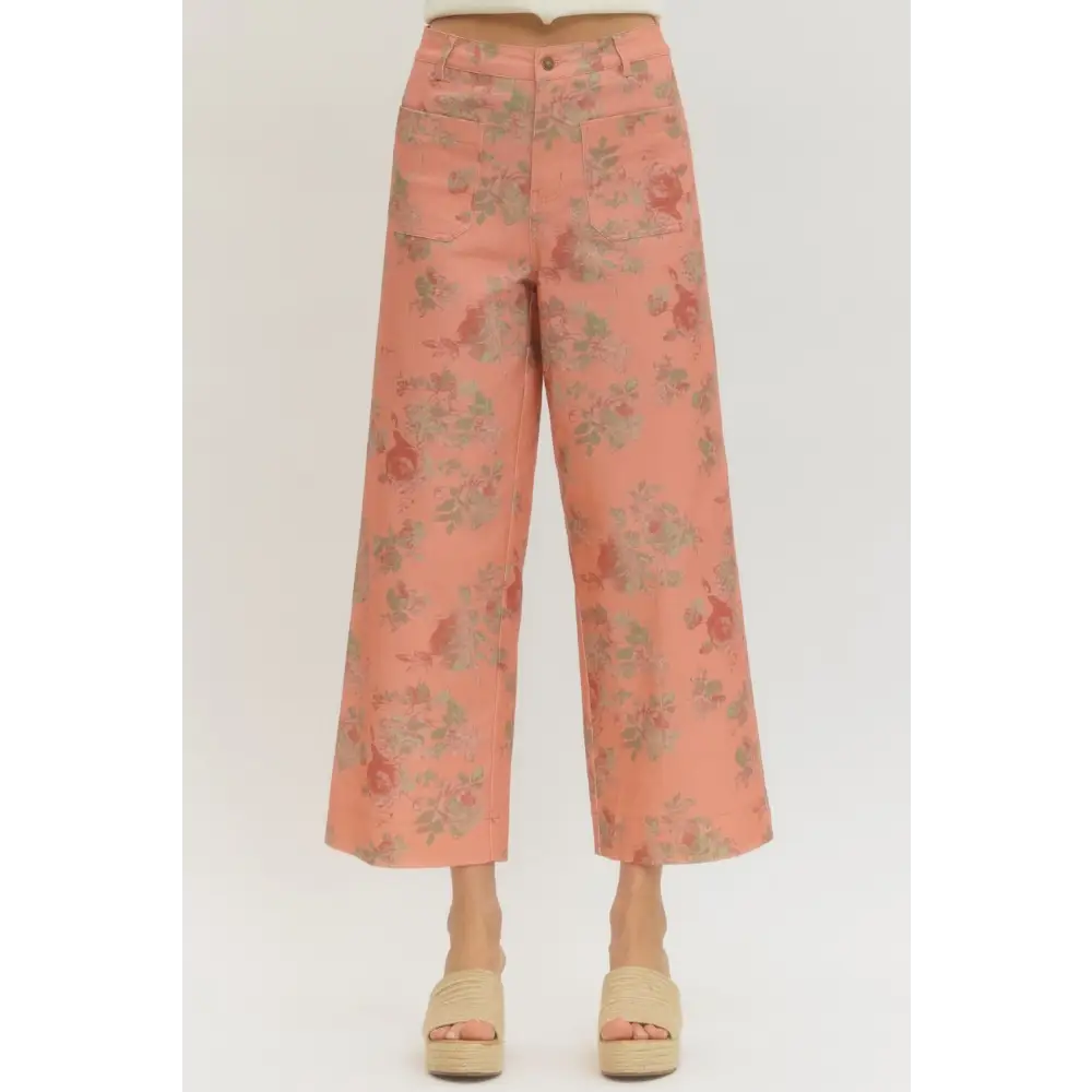 Floral Pattern Mid-Rise Pants - Pink / S - Pants