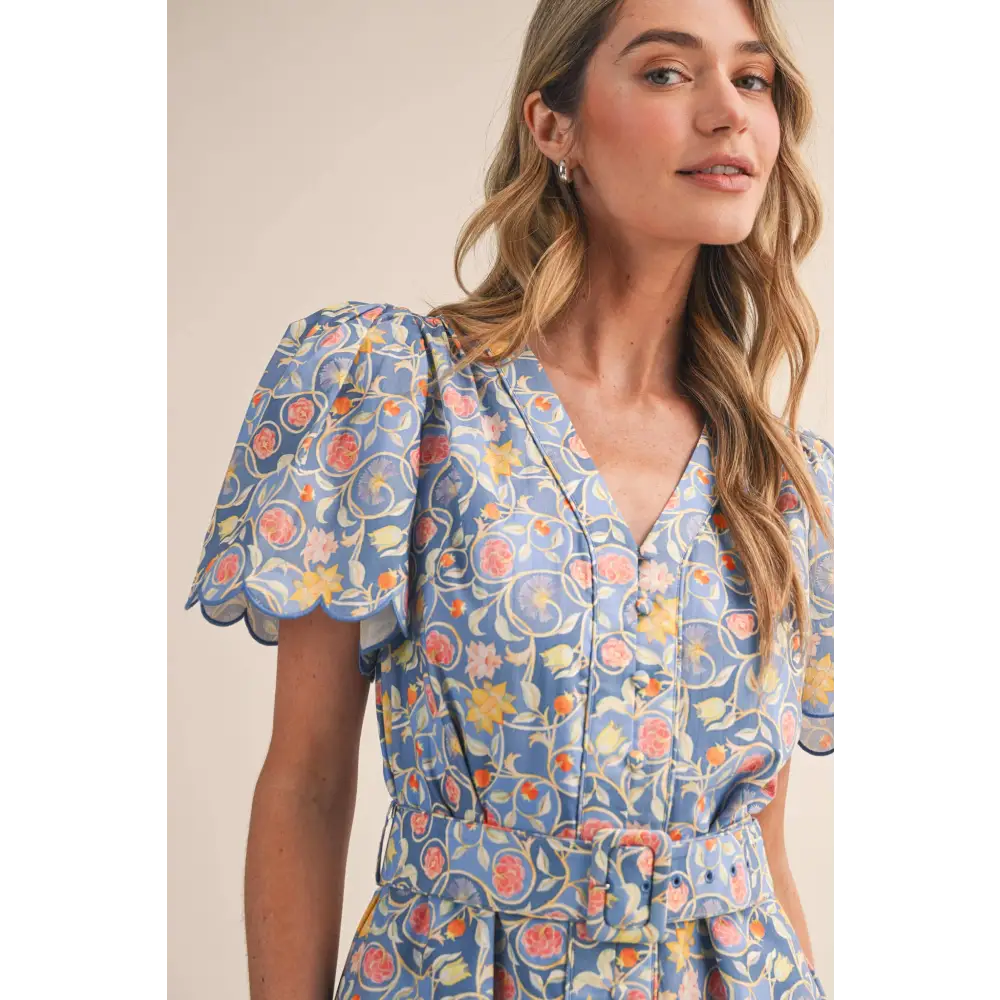 FLORAL PRINT BUTTON DOWN BELTED MIDI DRESS MDR4747