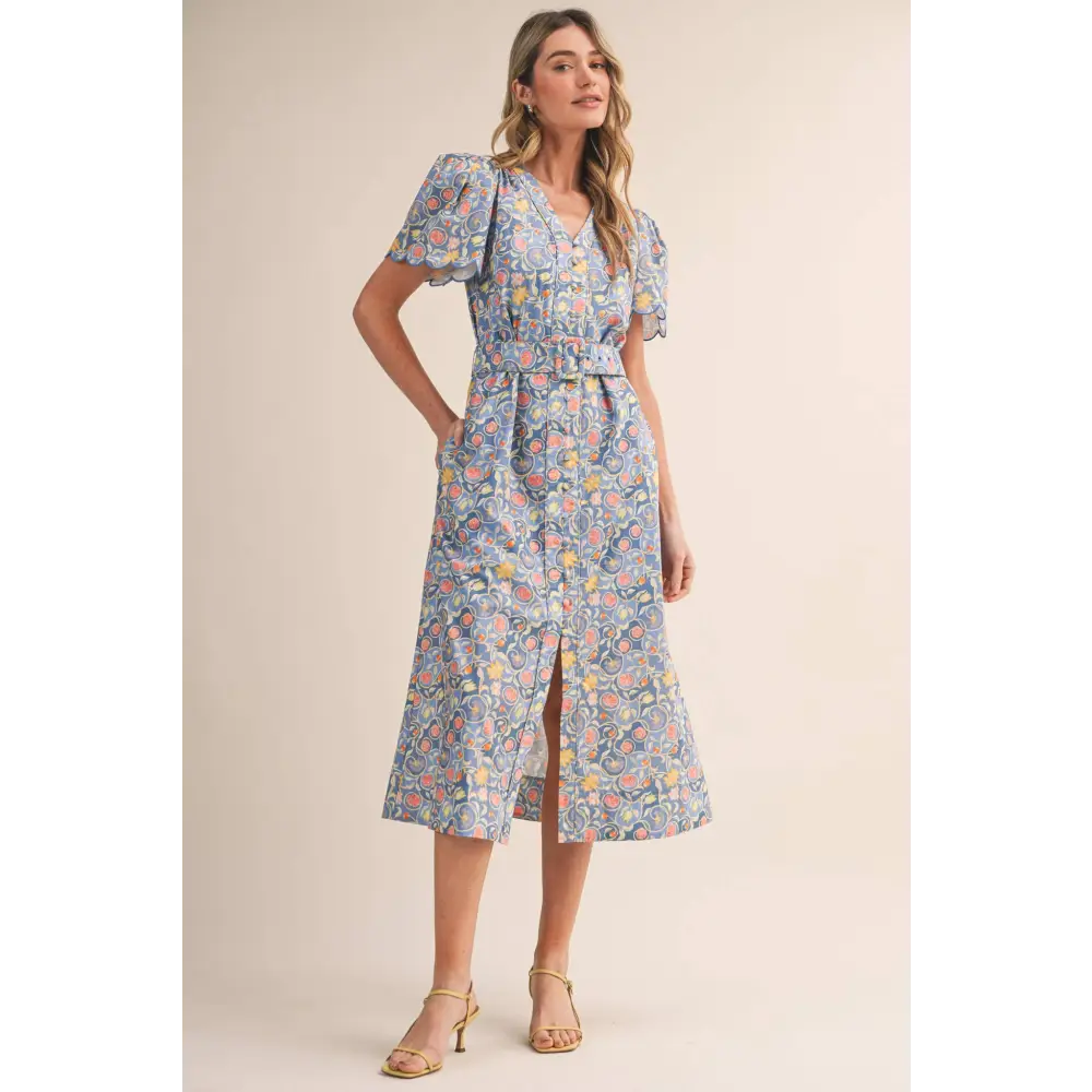 FLORAL PRINT BUTTON DOWN BELTED MIDI DRESS MDR4747