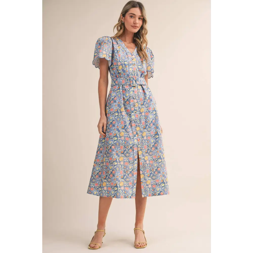 Floral Print Button Down Belted Midi Dress L / Bright Lilac Multi Floral Print Button Down Belted Midi Dress L / Bright Lilac Multi