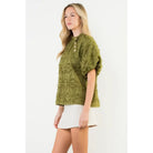 Frayed Jacquard Puff Sleeve Top - XS-S-M-L(1-2-2-1) / OLIVE