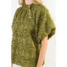 Frayed Jacquard Puff Sleeve Top - XS-S-M-L(1-2-2-1) / OLIVE