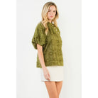Frayed Jacquard Puff Sleeve Top - XS-S-M-L(1-2-2-1) / OLIVE