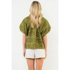 Frayed Jacquard Puff Sleeve Top - XS-S-M-L(1-2-2-1) / OLIVE