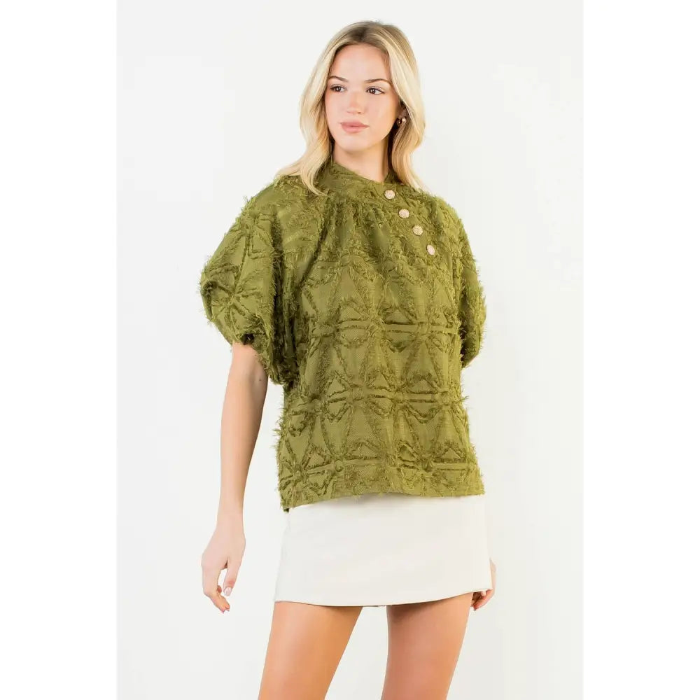 Frayed Jacquard Puff Sleeve Top - XS-S-M-L(1-2-2-1) / OLIVE