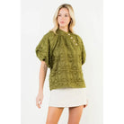 Frayed Jacquard Puff Sleeve Top - XS-S-M-L(1-2-2-1) / OLIVE