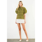 Frayed Jacquard Puff Sleeve Top - XS-S-M-L(1-2-2-1) / OLIVE