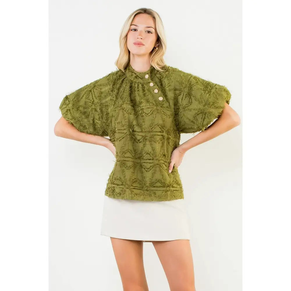 Frayed Jacquard Puff Sleeve Top - XS-S-M-L(1-2-2-1) / OLIVE