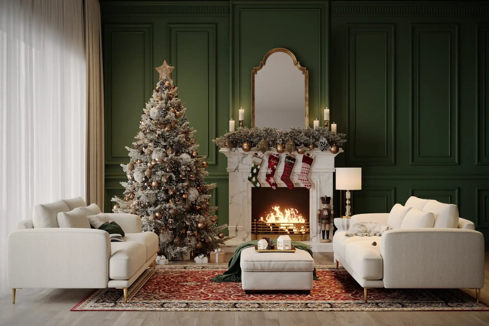 Frosted christmas tree adorned with gold ornaments and a star topper, standing in an elegant green-paneled room.