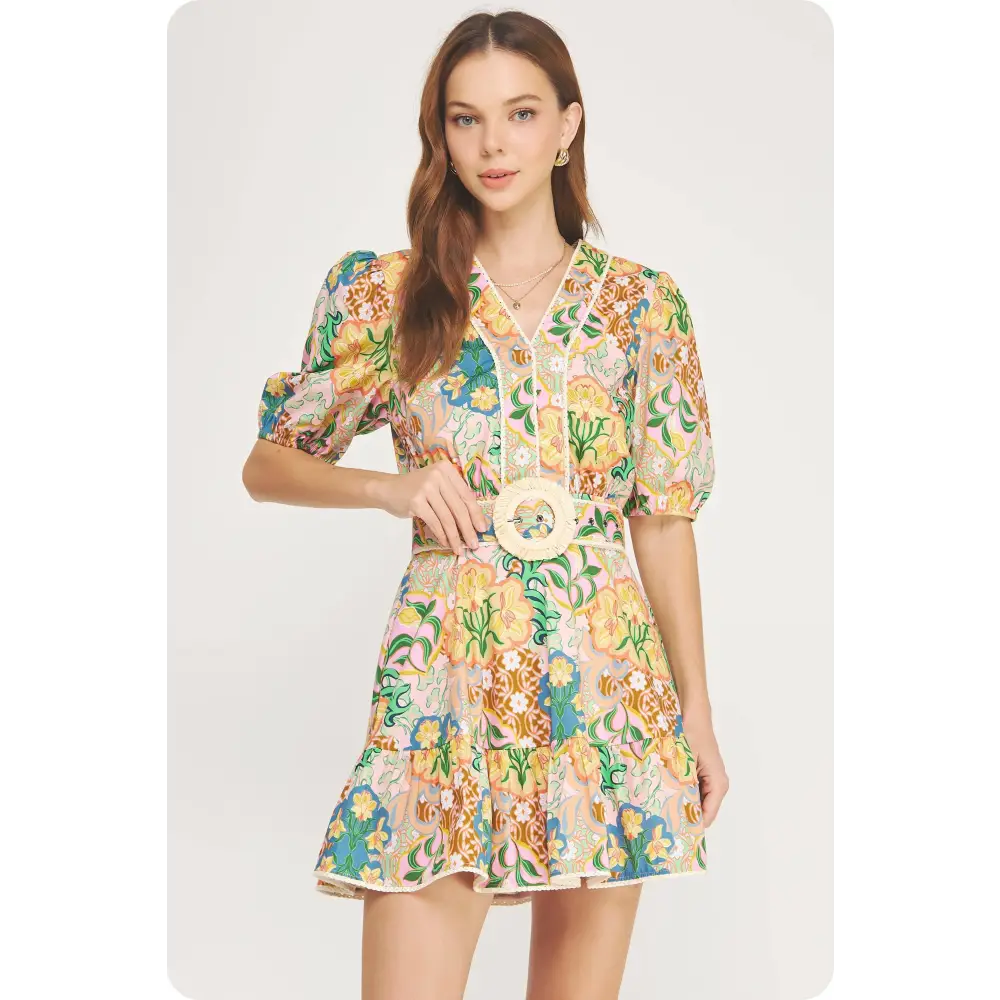Garden Party Puff Sleeve Belted Cotton Mini Dress