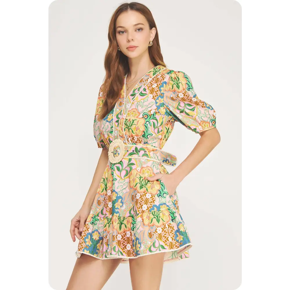 Garden Party Puff Sleeve Belted Cotton Mini Dress