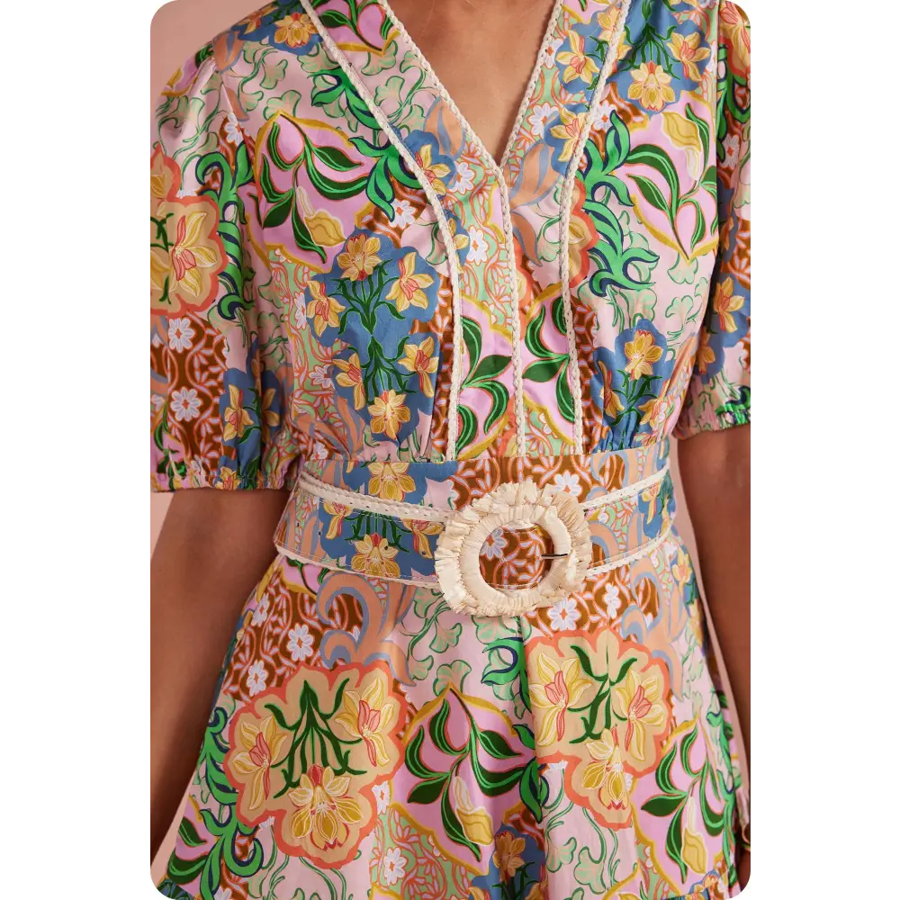 Garden Party Puff Sleeve Belted Cotton Mini Dress - L / Multi