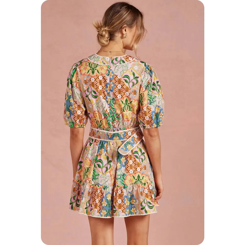 Garden Party Puff Sleeve Belted Cotton Mini Dress - M / Multi