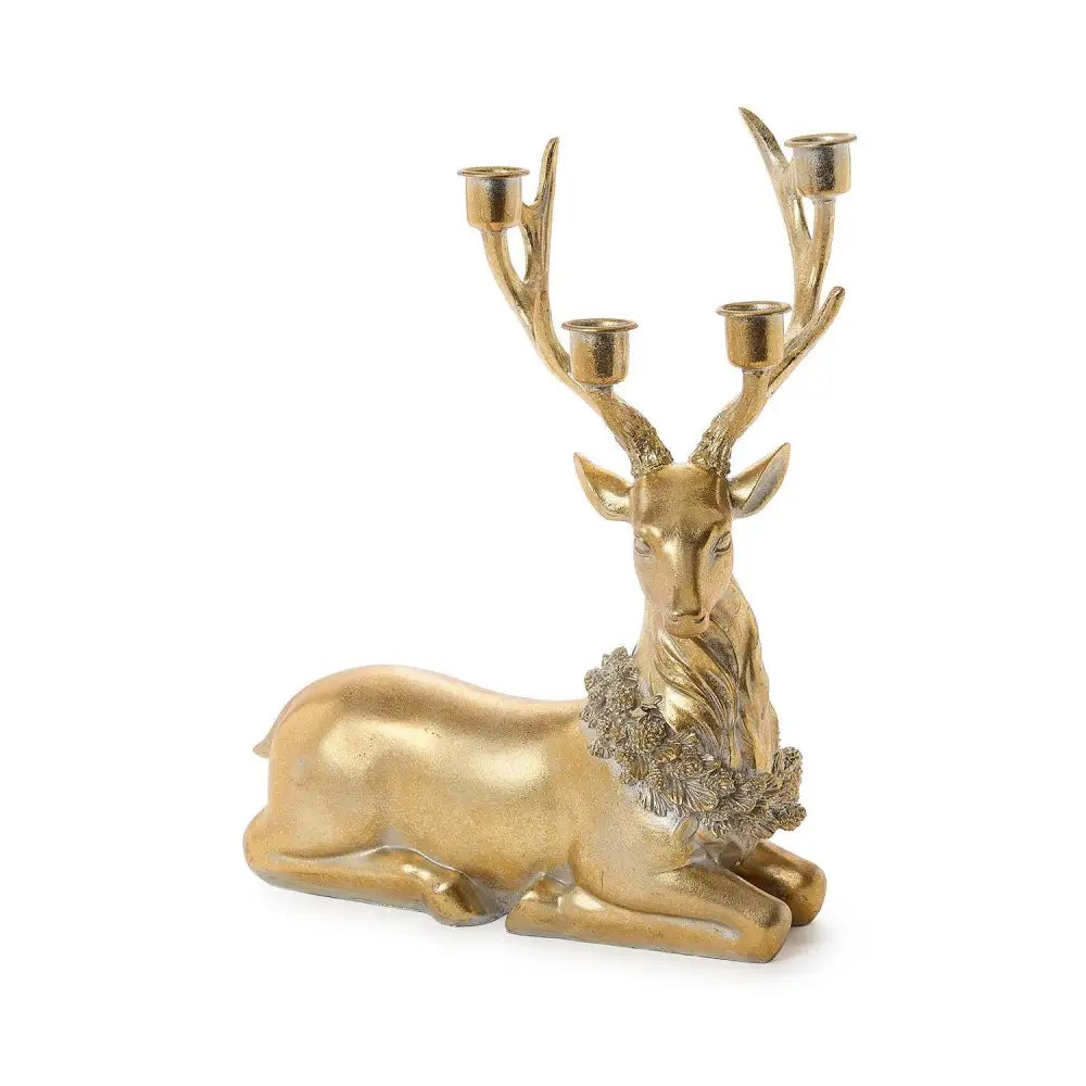 GOLD LEAF DEER WITH HOLIDAY WREATH TAPER CANDLEHOLDER / CENTERPIECE - Christmas Decor