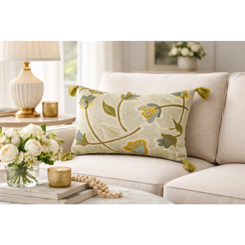 Green Embroidered Floral Cotton 16’’x24’’ Throw Pillow - Cover + Insert - Lumbar Pillow
