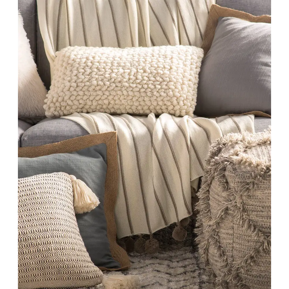 Ivory Pom pom Striped Woven 50’’x60’’ Throw Blanket - BLANKET