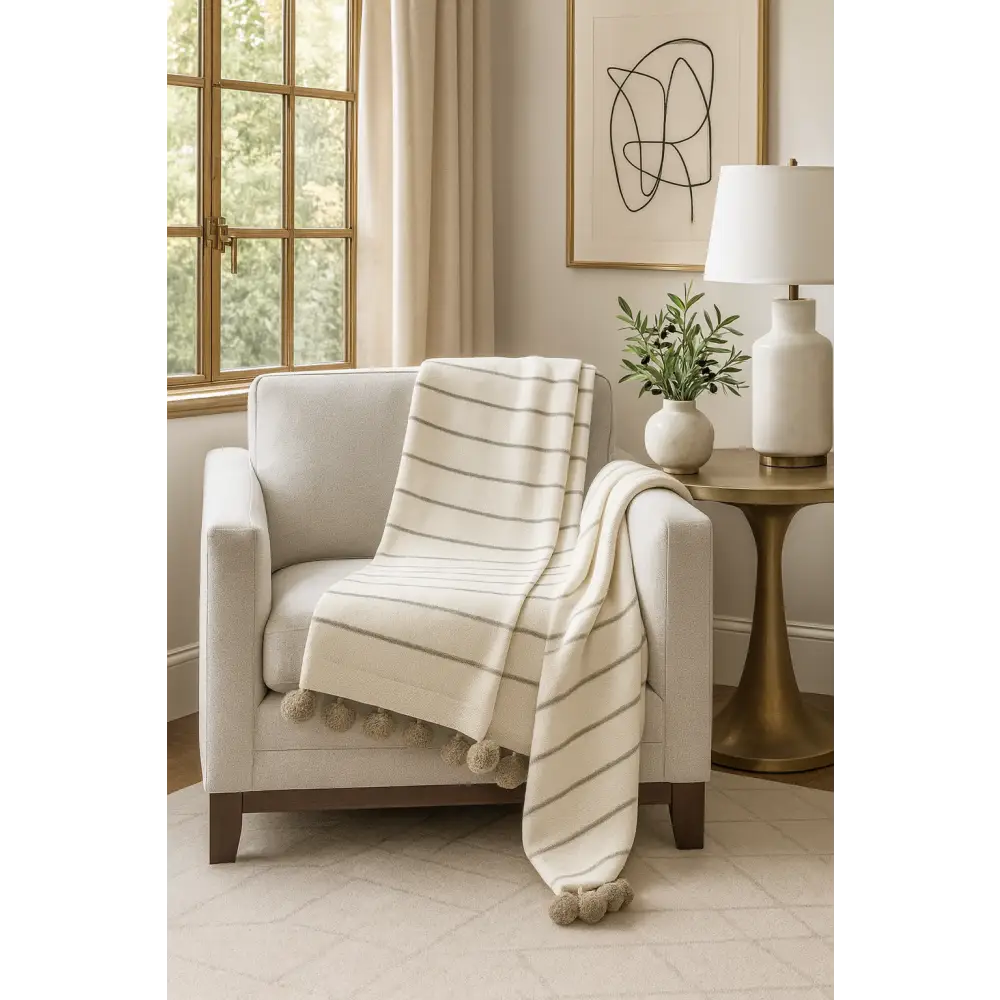Ivory Pom pom Striped Woven 50’’x60’’ Throw Blanket - BLANKET