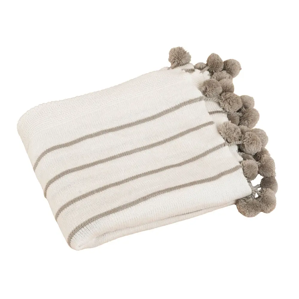 Ivory Pom pom Striped Woven 50’’x60’’ Throw Blanket - BLANKET