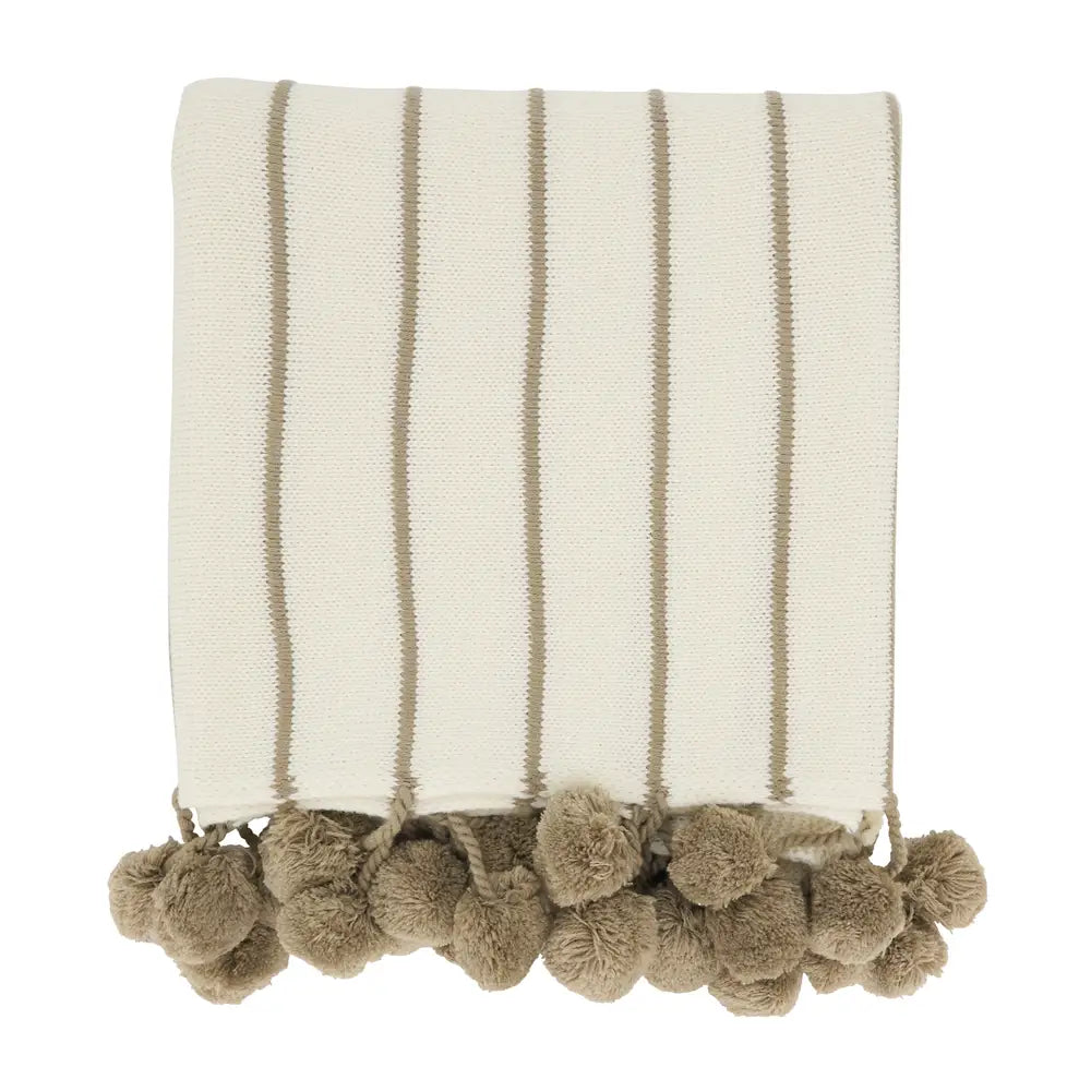 Ivory Pom pom Striped Woven 50’’x60’’ Throw Blanket - BLANKET