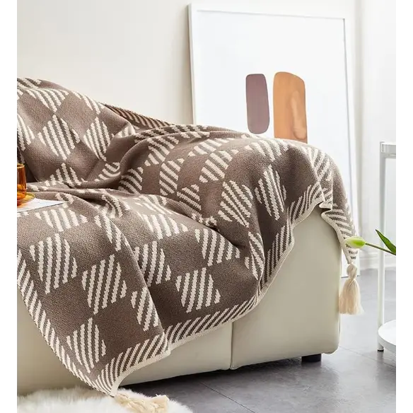 Khaki-Ivory Check Striped 50’’x60’’ Throw Blanket - BLANKET