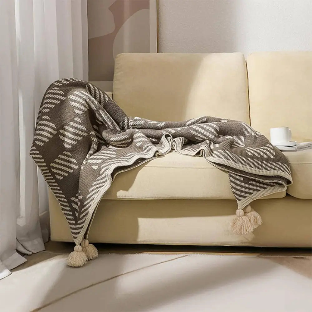 Khaki-Ivory Check Striped 50’’x60’’ Throw Blanket - BLANKET