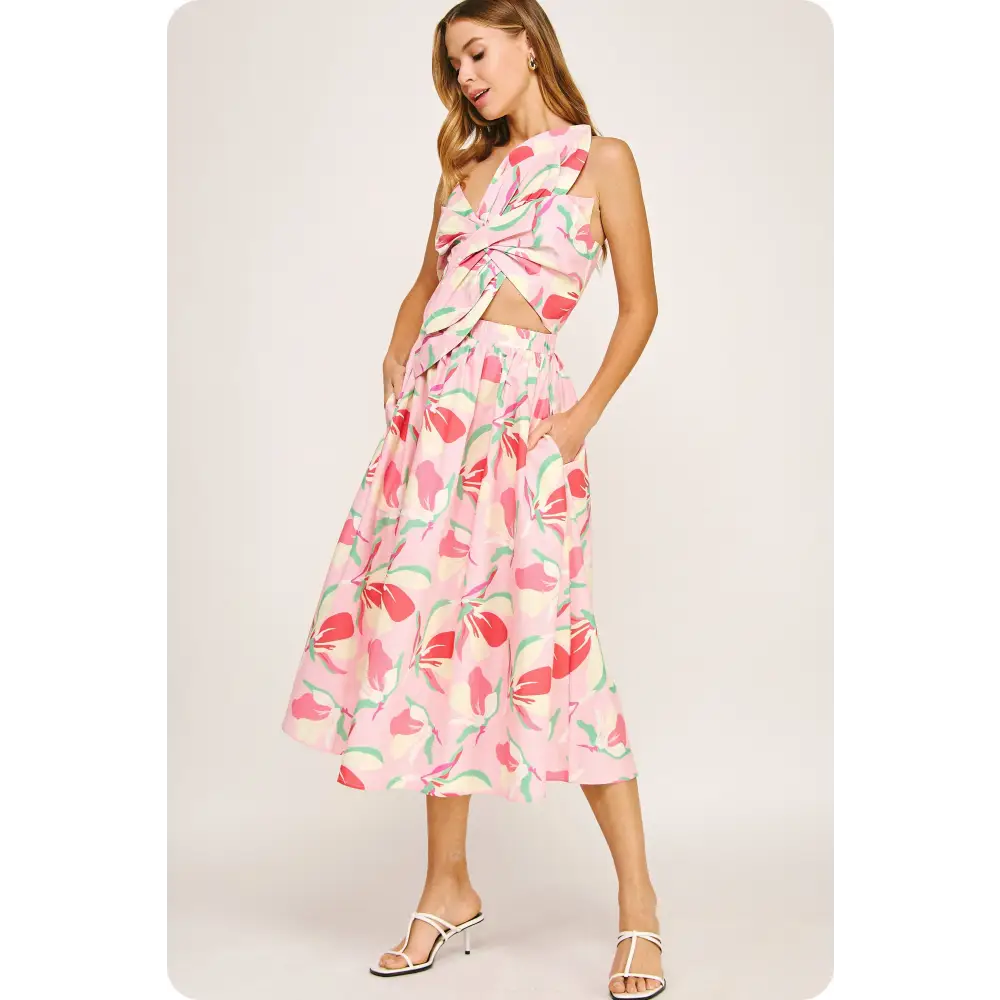 Knotted Flower Bow Floral Midi Dress