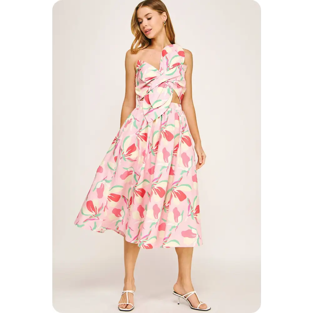 Knotted Flower Bow Floral Midi Dress