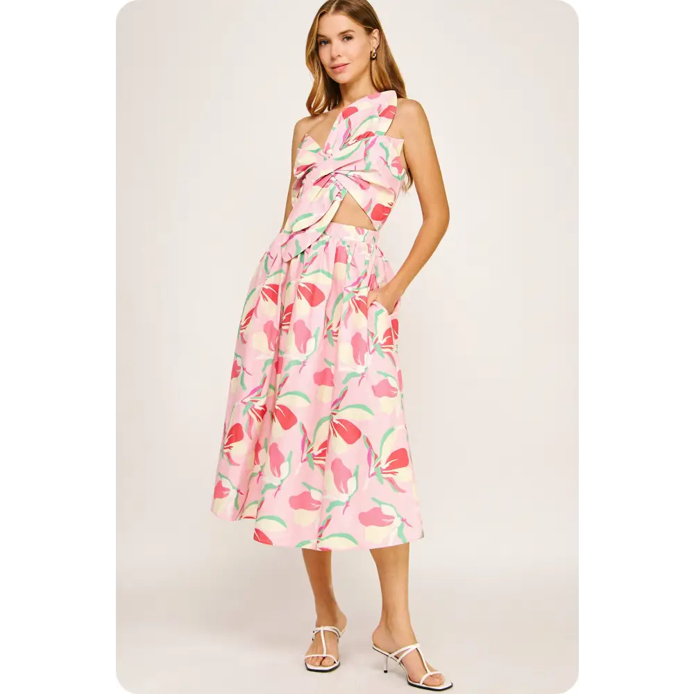 Knotted Flower Bow Floral Midi Dress