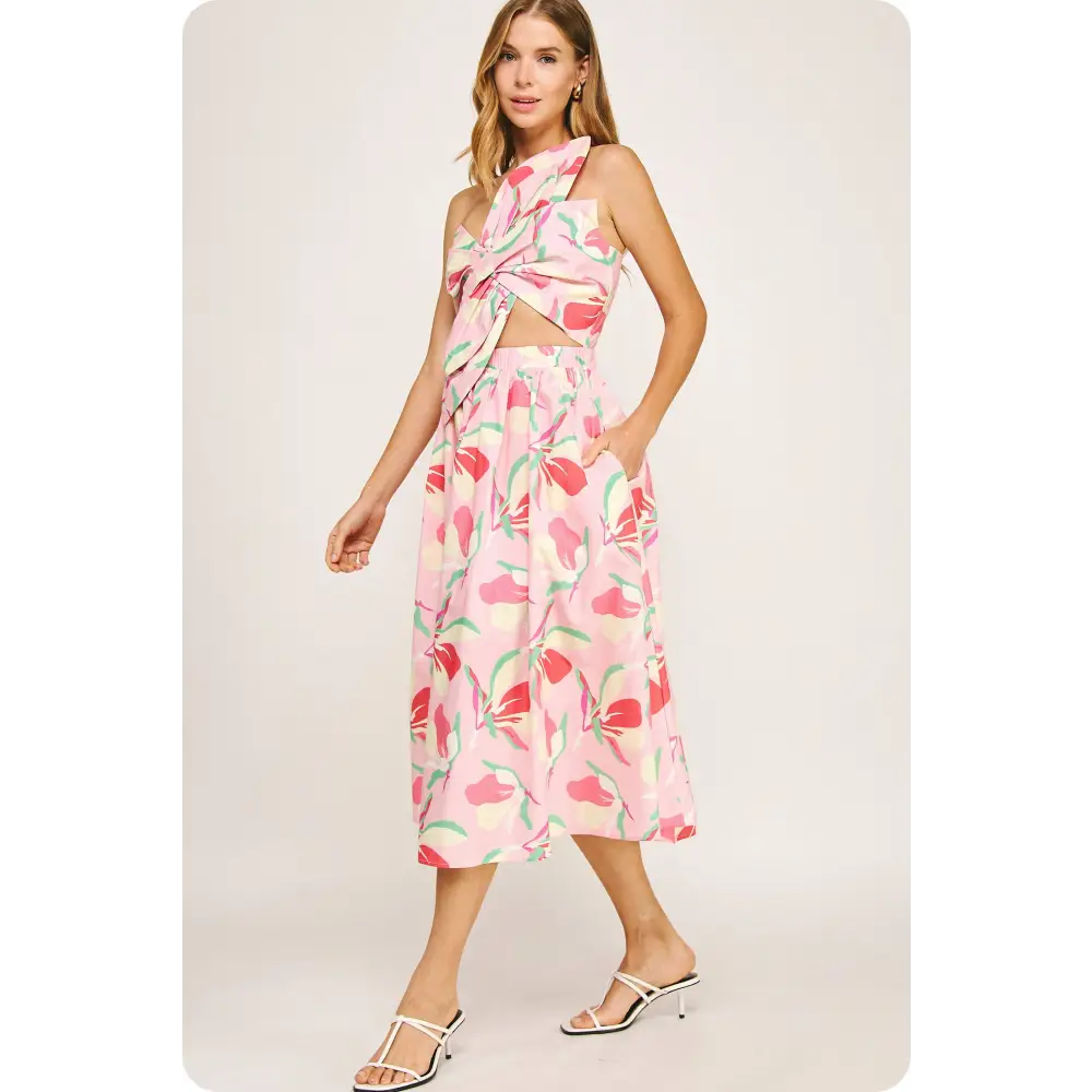 Knotted Flower Bow Floral Midi Dress