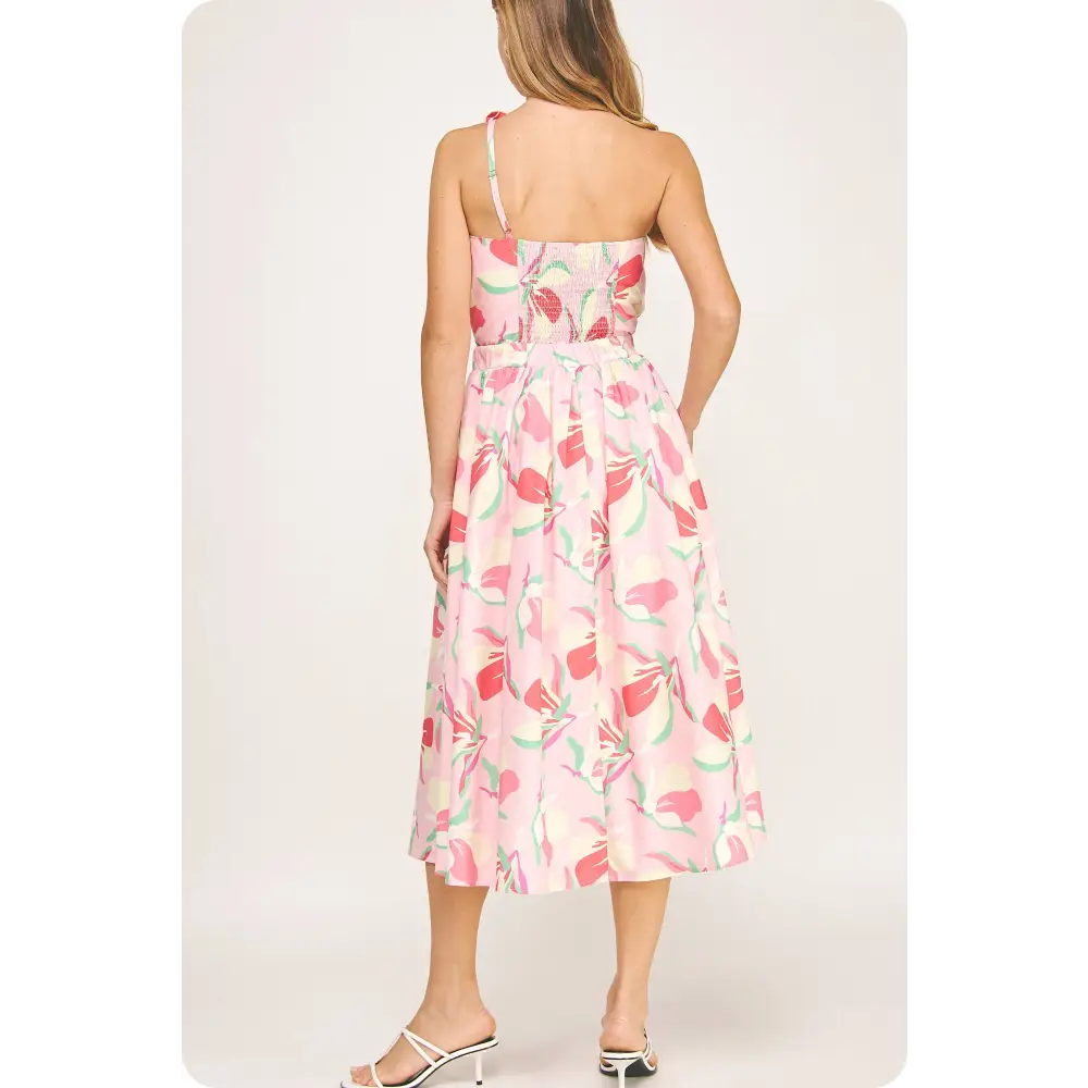 Knotted Flower Bow Floral Midi Dress - L / Pink Multi