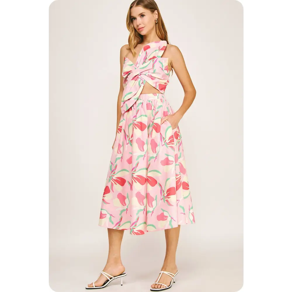 Knotted Flower Bow Floral Midi Dress - M / Pink Multi