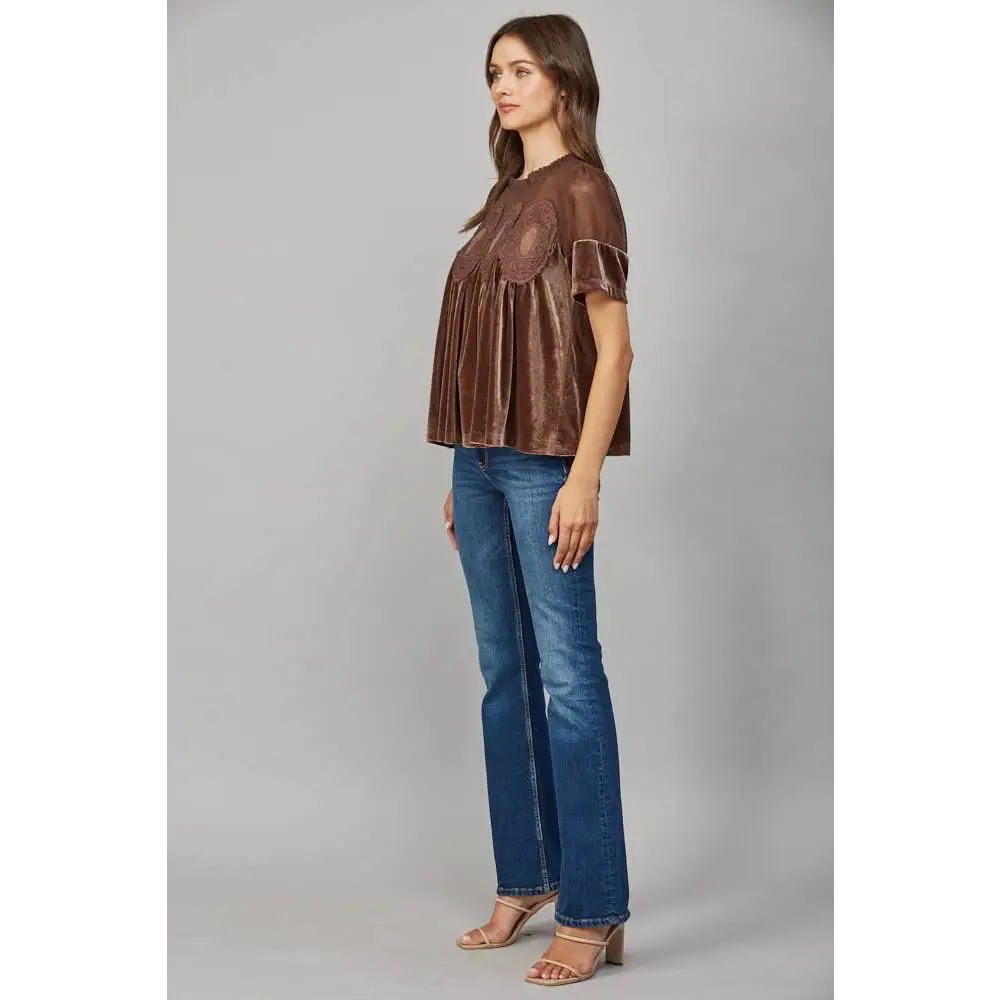 LACE DETAIL VELVET BABYDOLL TOP FT25474