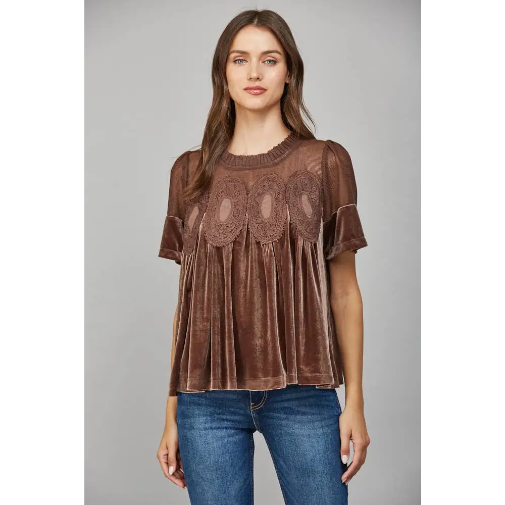 LACE DETAIL VELVET BABYDOLL TOP FT25474 - CHOCO BROWN / L
