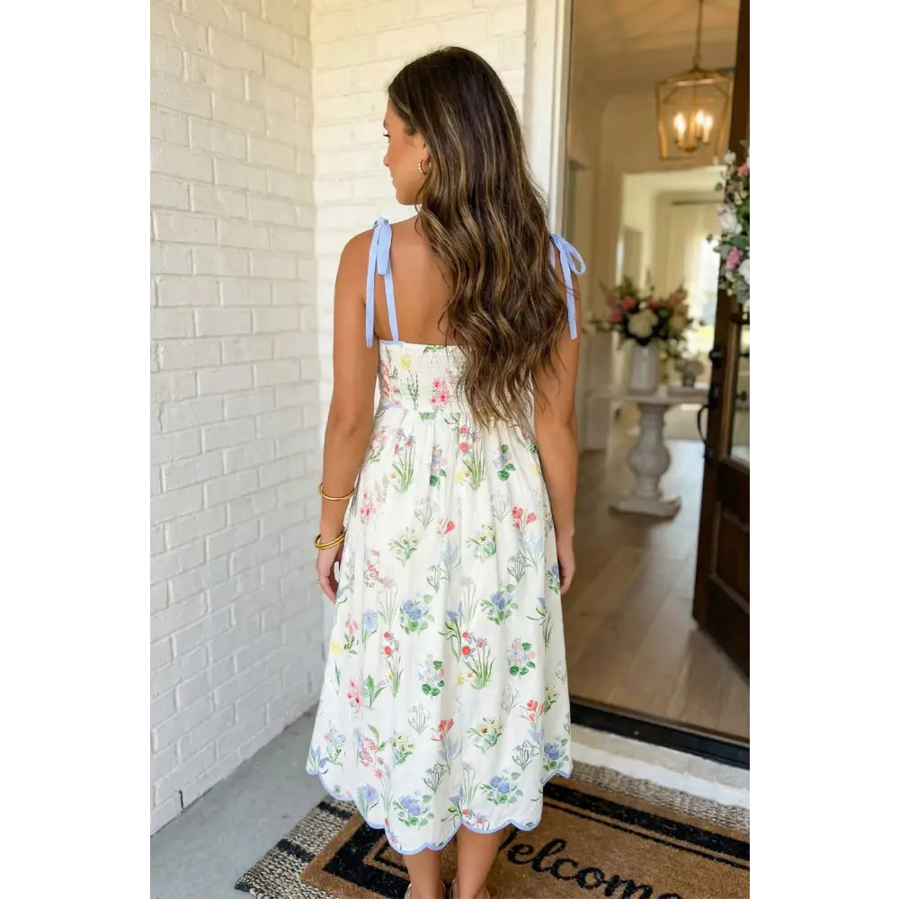 LAS-LIVE Floral Self-tie Straps High Waist Midi Dress (S-XL)