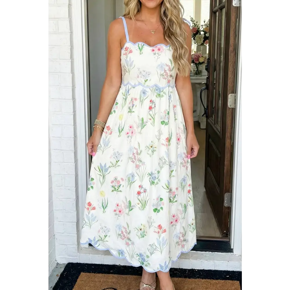 LAS-LIVE Floral Self-tie Straps High Waist Midi Dress (S-XL)
