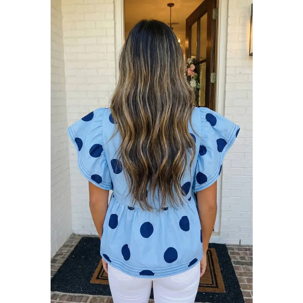 LAS Polka Dot Print Ruffled Buttoned Collared Blouse (S-XL)
