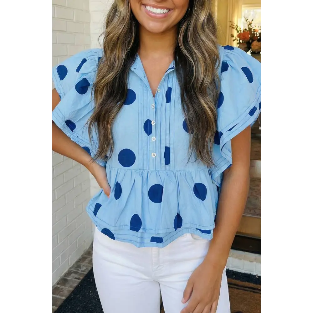 LAS Polka Dot Print Ruffled Buttoned Collared Blouse (S-XL)