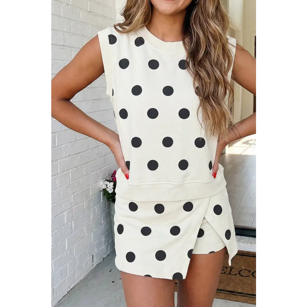 LAS Ribbed Trim Polka Dot Tank Split Mini Skort Set(S-4X)