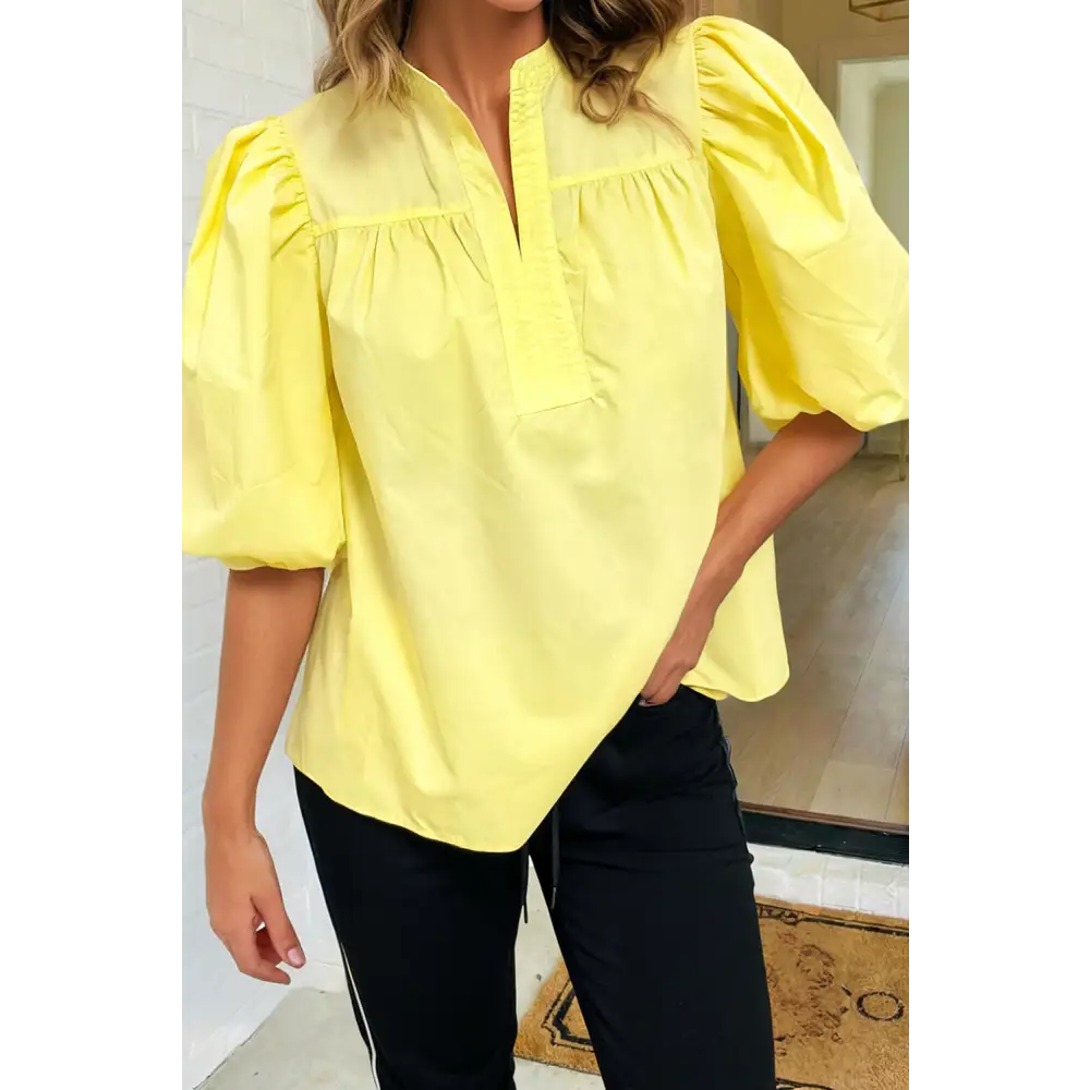 LAS Stitched Detail V Neck Puffy Half Sleeve Blouse (S-XL)