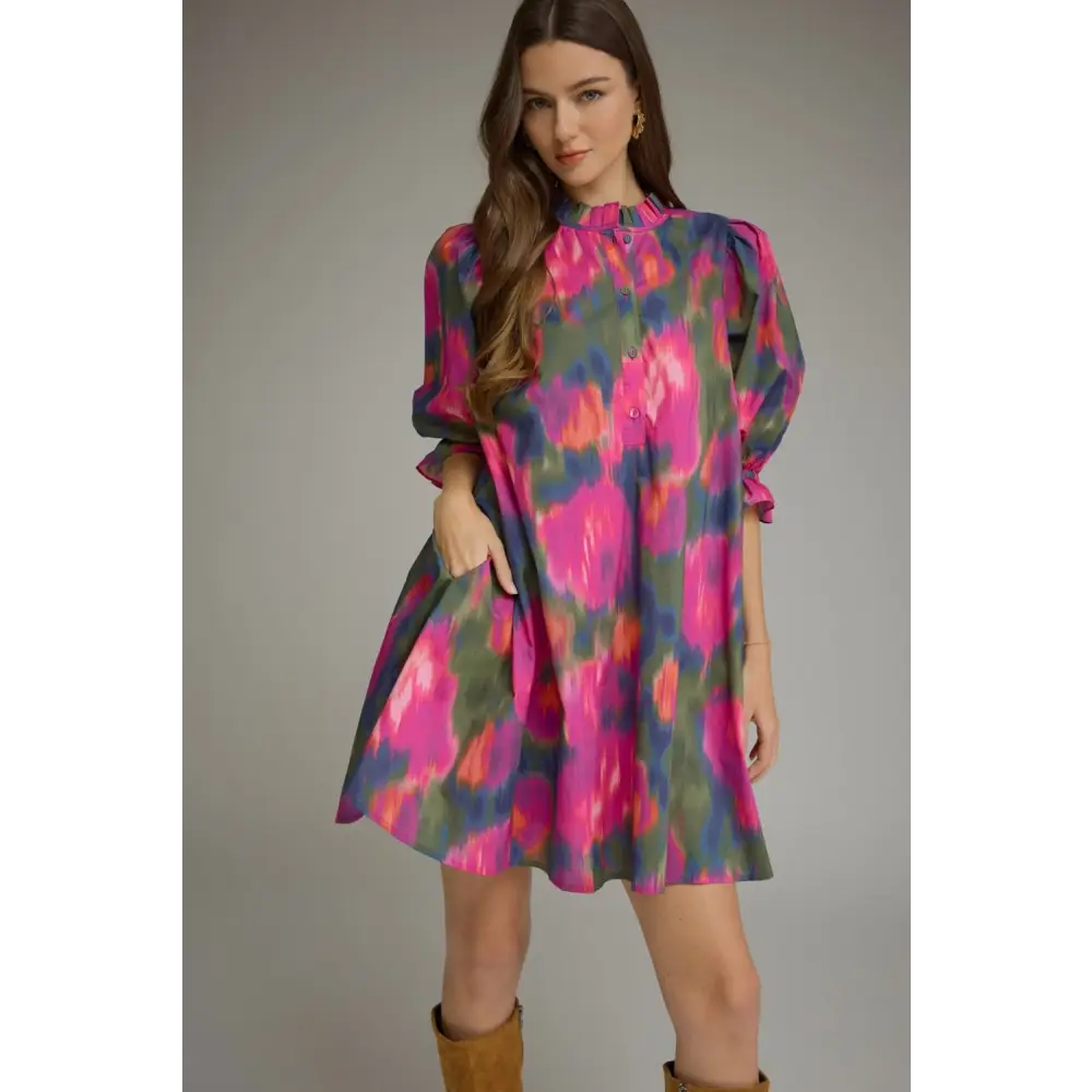 Magenta Watercolor Mini Dress - S - Dress