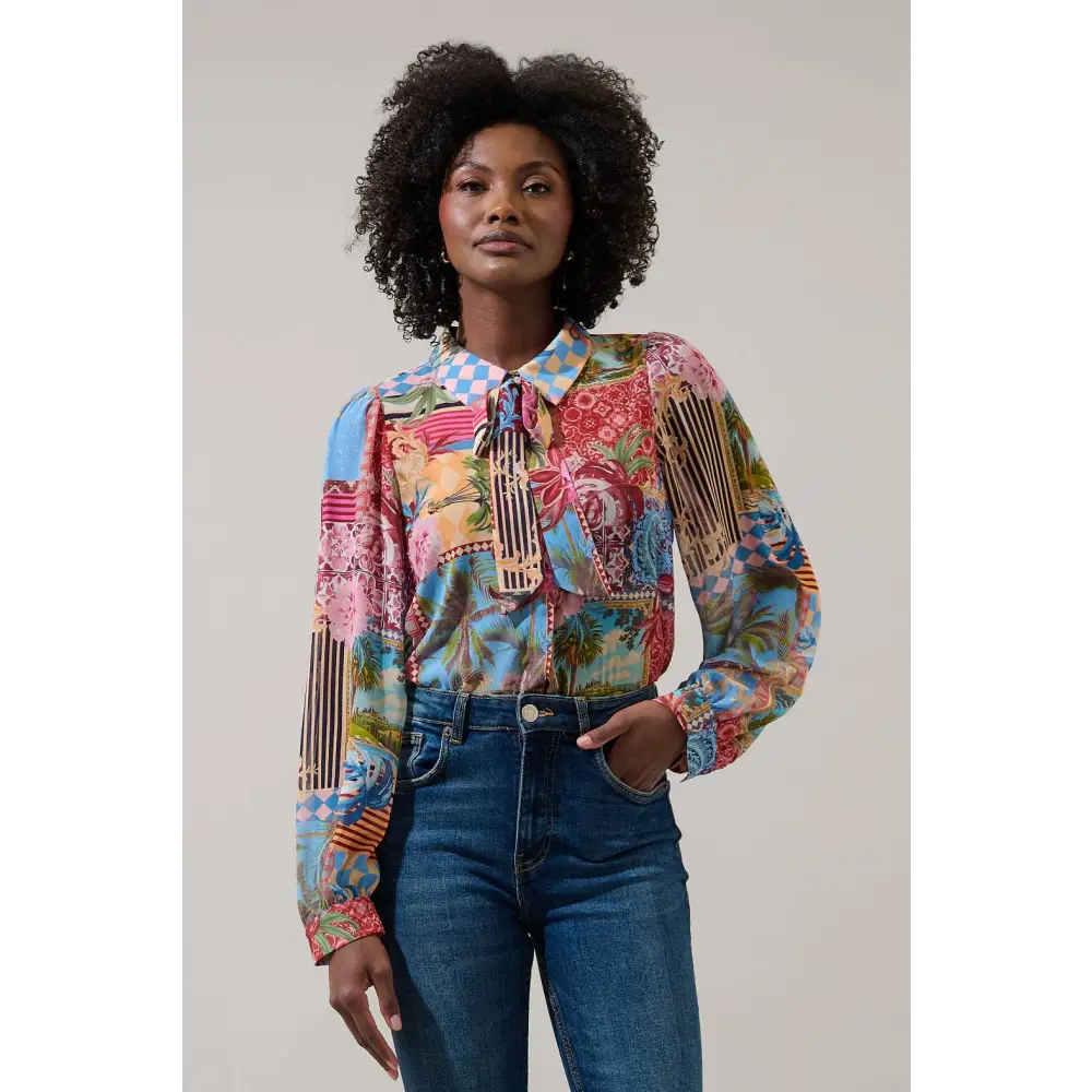 Melani Tropical Matra Long Sleeve Collared Blouse - BLUES-MUL / M