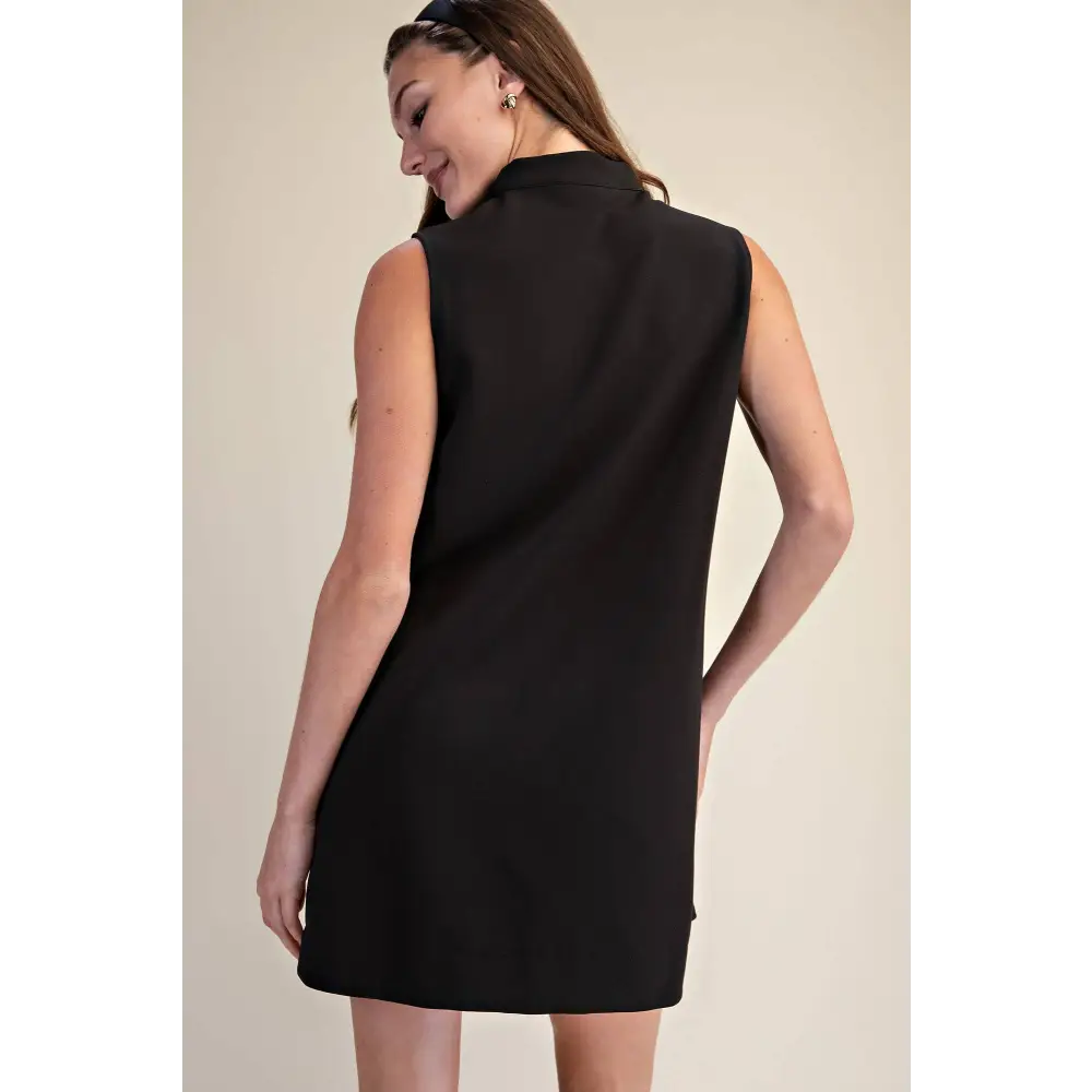 Mini Dress Stand Collar Slit V-Neck Sleeveless