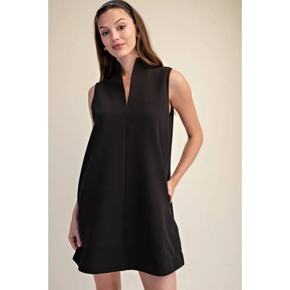 Mini Dress Stand Collar Slit V-Neck Sleeveless - L / Black